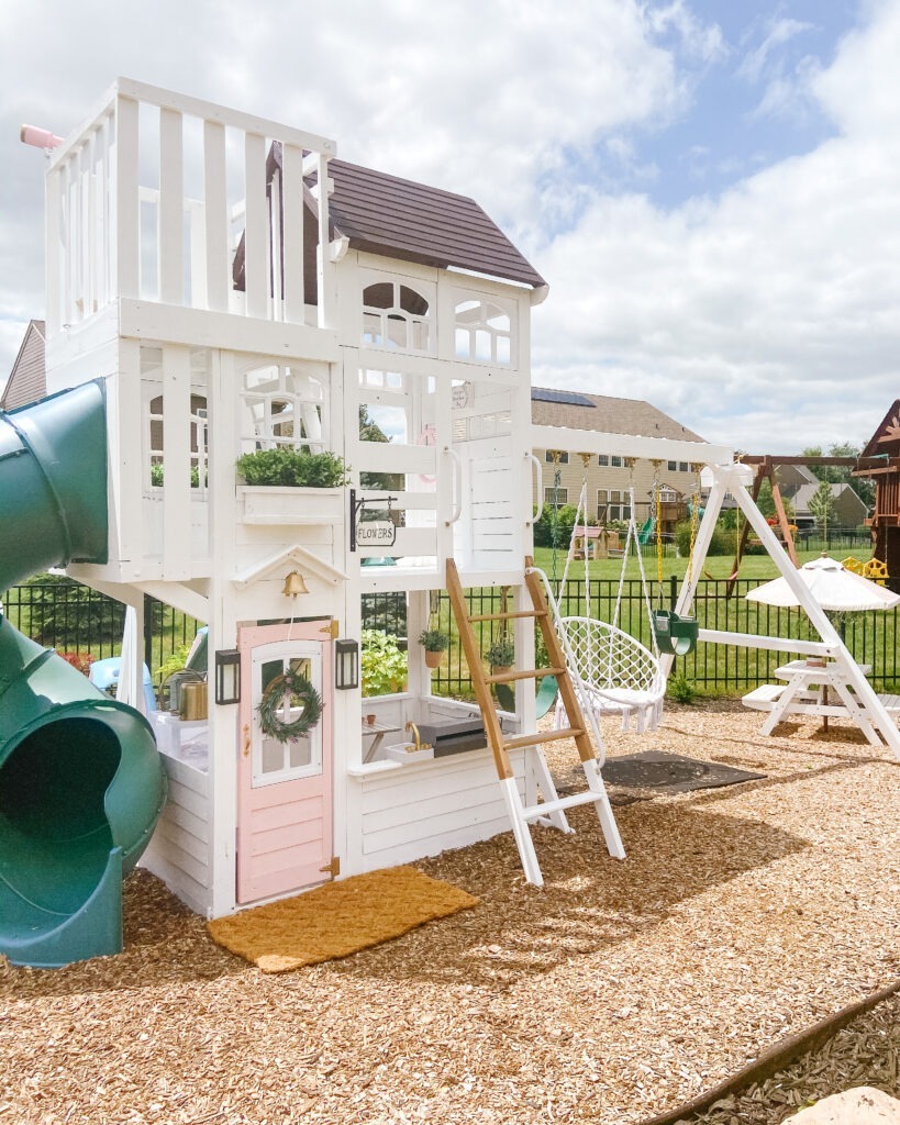 kidkraft swingset, diy outdoor playset painted white, boho swing,  swingset with pink door, white swingset, white swingset, playground paint, diy swingset