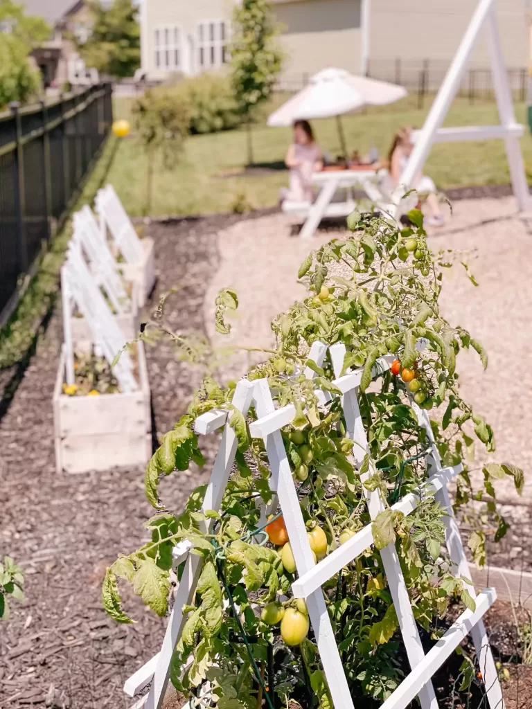 a backyard garden featuring raised garden beds with white trelliss and children at a picnic table in the background