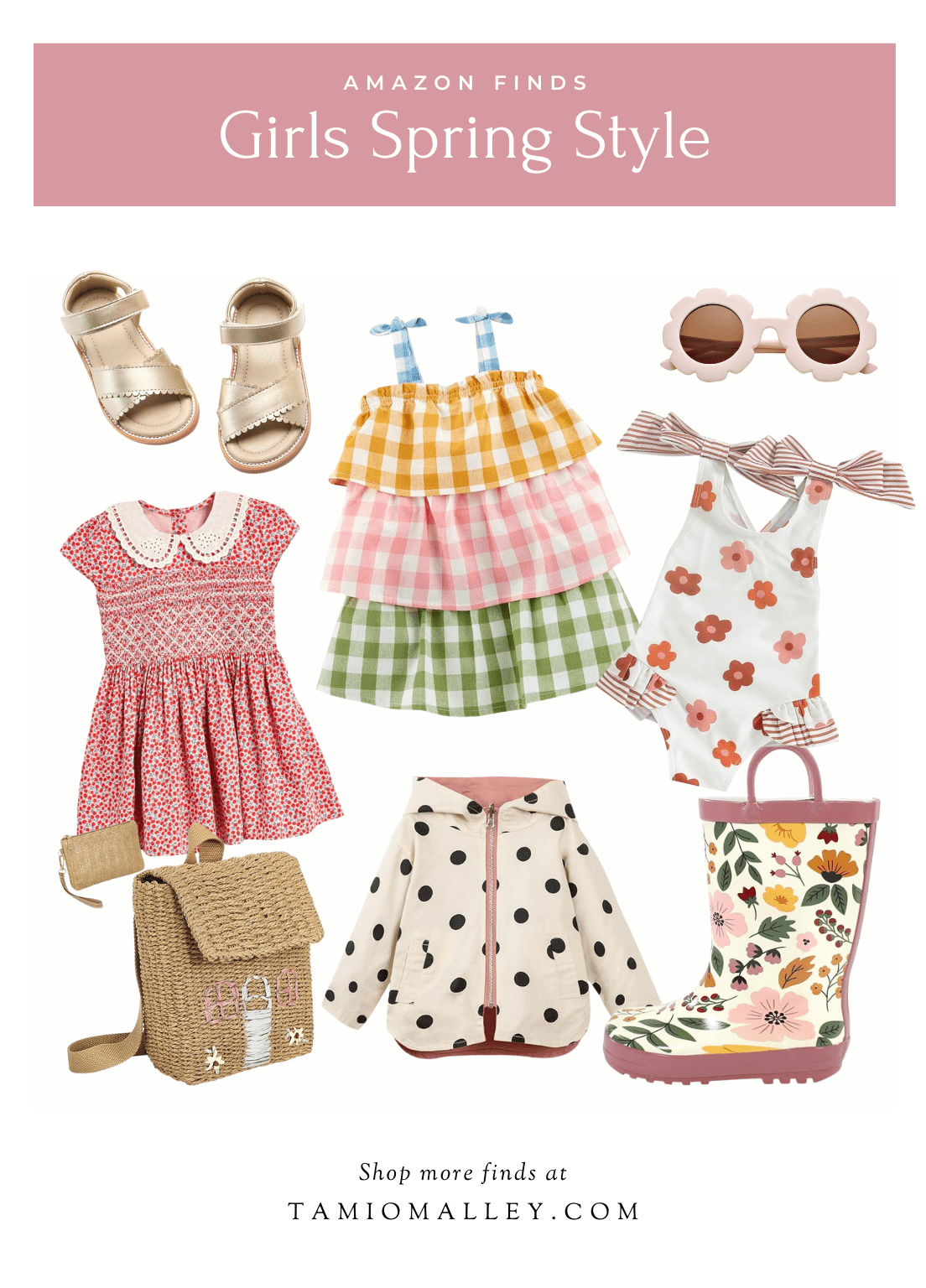 girls spring finds amazon, floral rainboots, peter pan collared dress, gold scallop sandals, rain coat