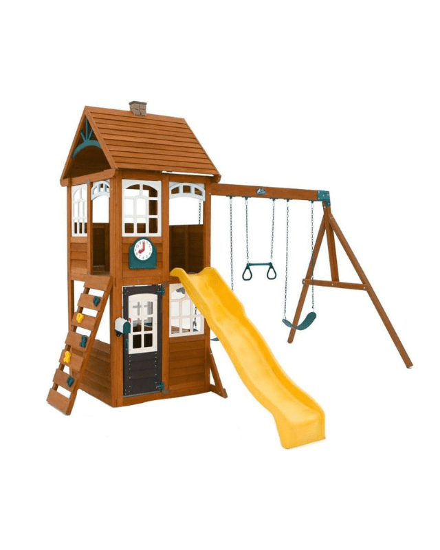 KidKraft McKinley Wooden Swing Set/Playset with Clubhouse, Mailbox, Play Kitchen, Swings and Slide, Gift for Ages 3-10, wooden swingset with door, clock, 2 swings and monkey bars, under $1000