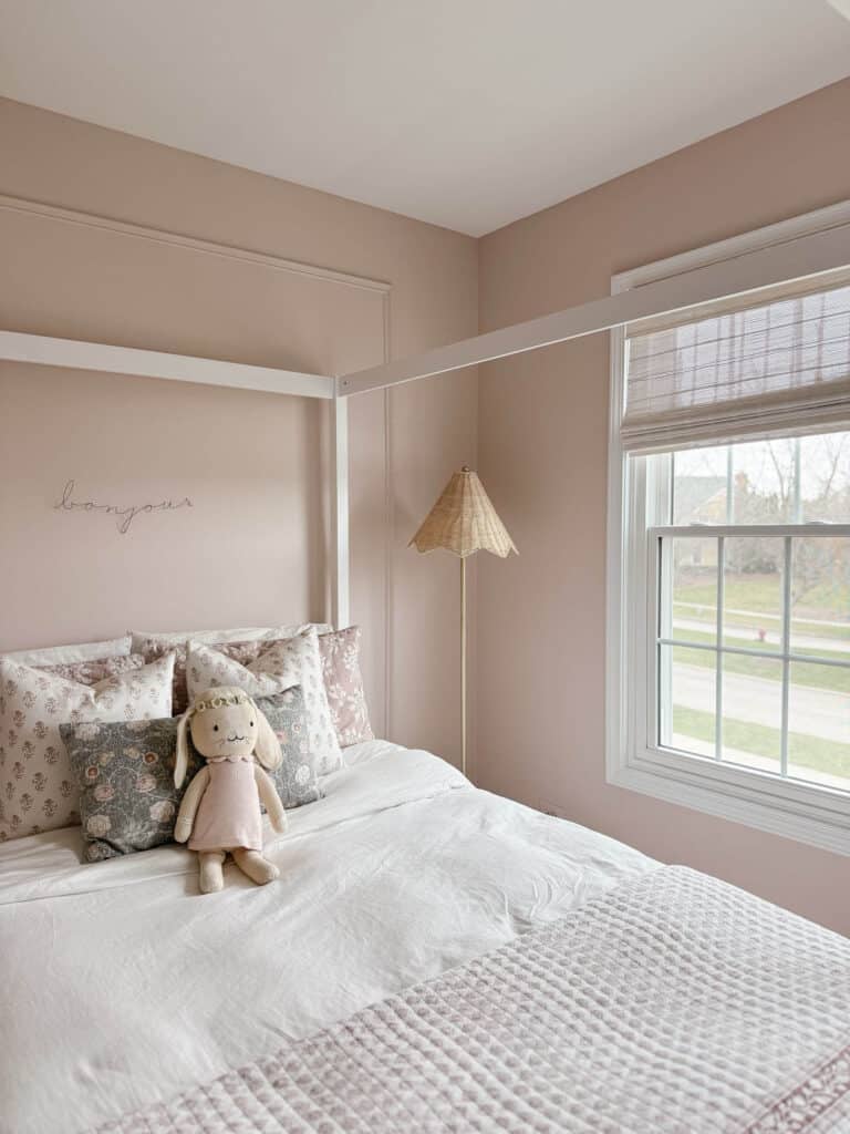 8 year old girls room,Girls bedroom ideas from an interior designer, Sherwin Williams Abalone Pink paint color, white bamboo blinds, radiance white blinds, bamboo blinds, hannah the bunny, cuddle and kind, rattan floor lamp, lillian august