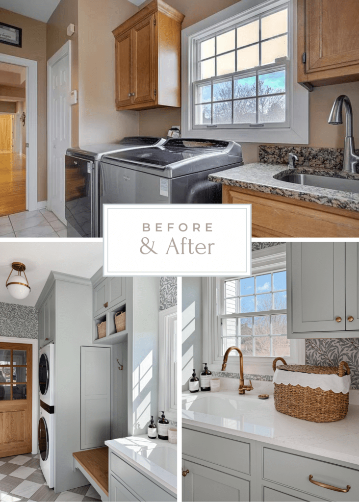 before and after images of a laundry room renovation by designer Tami O'Malley, green laundry room with checkered floor and botanical print wallpaper, laundry room ideas with stacked washer and dryer, laundry room ideas stacked, remodeled laundry room, checkered floor tile, inset cabinets, green cabinetry, white oak pocket door, mud laundry room ideas,
small laundry mudroom,
mudroom and laundry room combination